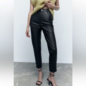 Zara high waisted mom style leather straight trousers sz 8 black
